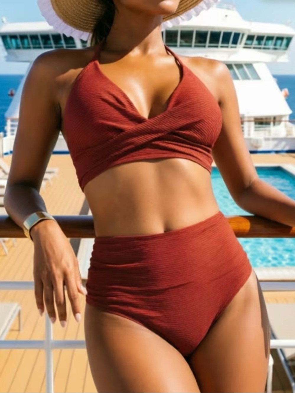 🦋 High-Waist Ribbed Bikini Set in Rust - Picture 4 of 10